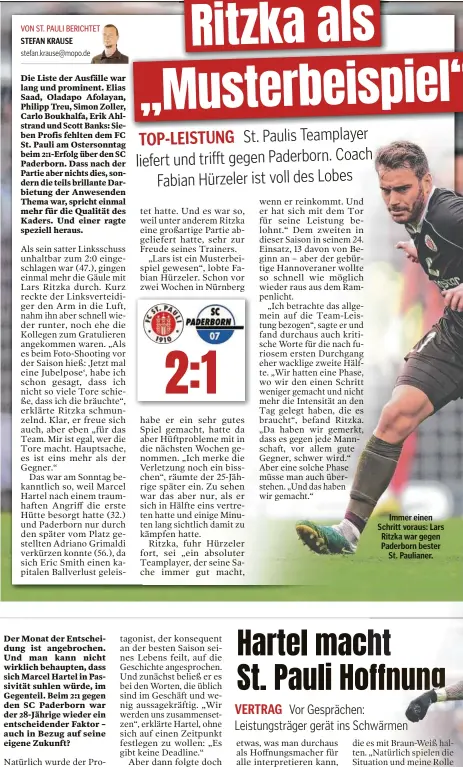  ?? ?? Immer einen Schritt voraus: Lars Ritzka war gegen Paderborn bester St. Paulianer.