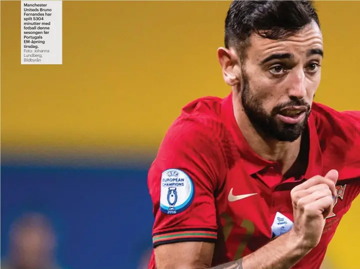  ?? Foto: Johanna Lundberg, Bildbyrån ?? Manchester Uniteds Bruno Fernandes har spilt 5304 minutter med fotball denne sesongen før Portugals Em-åpning tirsdag.