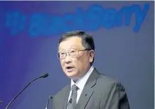  ?? FRANK GUNN/THE CANADIAN PRESS ?? Chief executive John Chen speaks at the BlackBerry Ltd. annual meeting in Waterloo, Ont., in 2015. BlackBerry Ltd. is launching a new security tool for automobile manufactur­ers, one of the company’s major areas of growth.