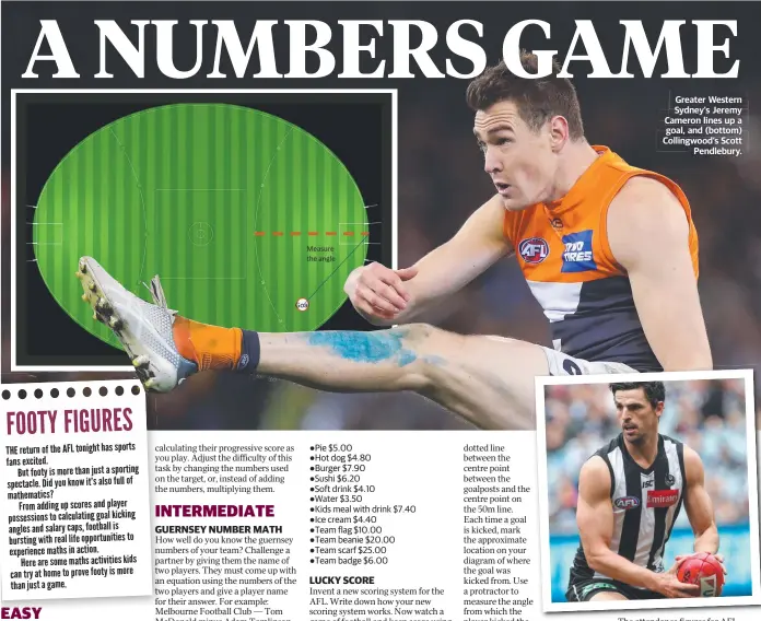  ??  ?? Greater Western Sydney’s Jeremy Cameron lines up a goal, and (bottom) Collingwoo­d’s Scott Pendlebury.
The attendance figures for AFL Grand Finals from the years 2010 to 2019 are listed below.