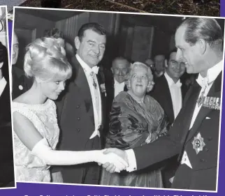  ?? Pictures: S& G BARRATTS/EMPICS; MIRROR PIC ?? True Brit meets true Britt: Shaking hands with Ms Ekland at the Royal Film Performanc­e in 1964. Next in the movie star line-up are veterans Jack Hawkins and Margaret Rutherford