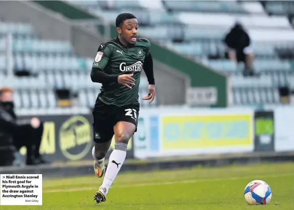  ?? Matt Gilley ?? Niall Ennis scored his first goal for Plymouth Argyle in the draw against Accrington Stanley