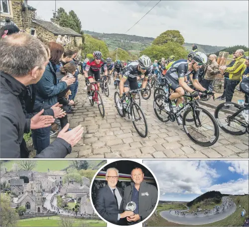  ?? PICTURES: JAMES HARDISTY ?? GEAR CHANGE: Above, huge crowds line the route on Cote de Shibden Wall, Halifax, at last year’s Tour de Yorkshire event; left, the Peleton passes through Burnsall in the Yorkshire Dales; centre, UCI President Brian Cookson presents the UCI Bike Region award to Sir Gary Verity; right, the peloton en route to Scarboroug­h last year.