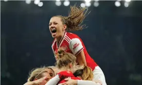  ??  ?? Katie Mccabe celebrates as Vivianne Miedema of Arsenal Women scores the second goal. Photograph: Tom Jenkins/The Guardian