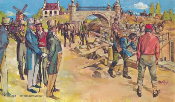  ??  ?? Bank of Montreal founder John Richardson, with cane, inspects the completion of the first lock on the Lachine Canal in this illustrati­on by Jack Tremblay. 44