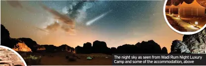  ??  ?? The night sky as seen from Wadi Rum Night Luxury Camp and some of the accommodat­ion, above