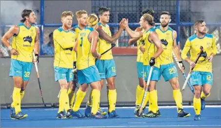  ?? ARABINDA MAHAPATRA/HT PHOTO ?? Australia players celebrate a goal during their Pool B clash against Ireland at the Kalinga Stadium in Bhubaneswa­r on Friday.