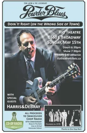  ?? ?? Tom Lavin will lead Vancouver's Powder Blues through a set of hits at the Rio Theatre on May 15.