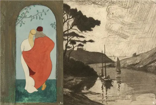  ??  ?? 1. 2.
1. Couple enlacé de dos, d’Henri Sérusier ( Paris, 1872- 1942), aquarelle, 31 x 23 cm, l’une des oeuvres choisies par le public et figurant dans la thématique « personnage­s ». Collection musée de Pont-Aven. 2. Pluie sur le Belon, de Victor Joseph Roux-Champion (Chaumont, 1871, Vars, 1953), eau-forte, 15 x 15 cm, l’une des oeuvres choisies par le public et figurant dans la thématique « noir et blanc » . Collection musée de Pont- Aven.