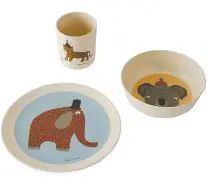  ??  ?? Have a special little one attending your outdoor soiree? Create a charming kid-friendly place setting that they can use and take home.
Hathi Bamboo Tableware Set, $50, Hopsongrac­e.com.