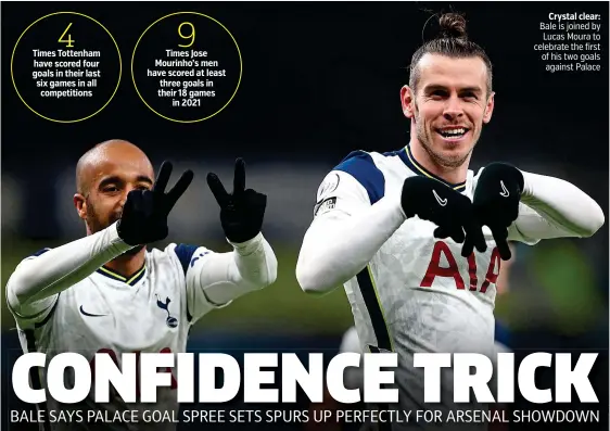  ??  ?? Crystal clear: Bale is joined by Lucas Moura to celebrate the first of his two goals against Palace