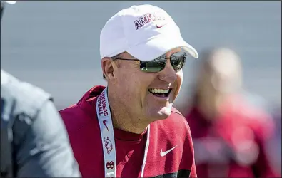  ?? NWA Democrat-Gazette/BEN GOFF ?? Arkansas Coach Chad Morris, shown during spring practice in March, made positive remarks about his quarterbac­ks Saturday after a 110-play scrimmage, which was closed to the public and members of the media.