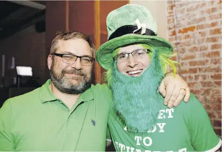  ??  ?? Richard Fahlman, left, and Frank Edwards get their Irish on during the Edmonton Leprechaun Tigers Rugby Football Club’s St. Patrick’s Day Party at Yellowhead Brewery on March 17.