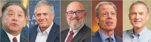  ?? AP ?? The five highest- paid CEOs at big U. S. companies for 2017, from left: Hock E. Tan, Broadcom, $ 103.2 million; Leslie Moonves, CBS, $ 68.4 million; W. Nicholas Howley, TransDigm, $ 61 million; Jeffrey Bewkes, TimeWarner, $ 49 million; and Stephen...