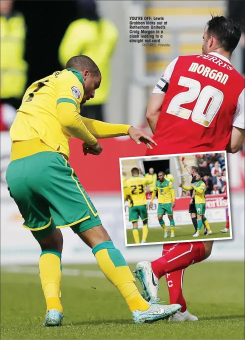  ?? PICTURES: Pinnacle ?? YOU’RE OFF: Lewis Grabban kicks out at Rotherham United’s Craig Morgan in a clash leading to a straight red card