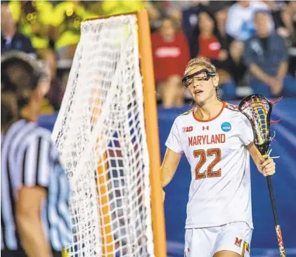  ?? ANDREW THEODORAKI­S/NEW YORK DAILY NEWS ?? Maryland midfielder Grace Griffin reacts after a goal by Boston College. After five ties to open the second half, Boston College’s Sam Apuzzo scored the game’s final two goals, with 8:14 remaining and then again with 7:26 to go.