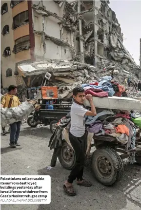  ?? ALI JADALLAH/ANADOLU/GETTY ?? Palestinia­ns collect usable items from destroyed buildings yesterday after Israeli forces withdrew from Gaza’s Nasirat refugee camp