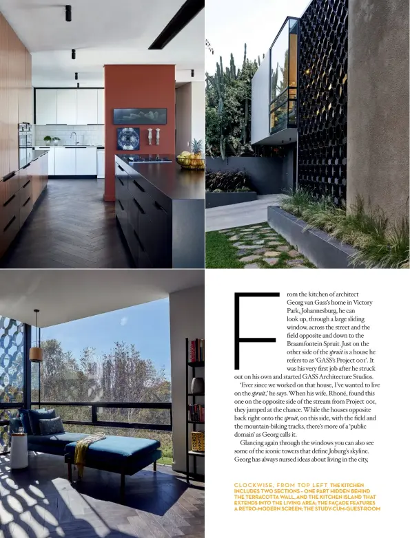  ??  ?? clockwise, from top left the kitchen includes two sections – one part hidden behind the terracotta wall, and the kitchen island that extends into the living area; the façade features a retro-modern screen; the study-cum-guest-room