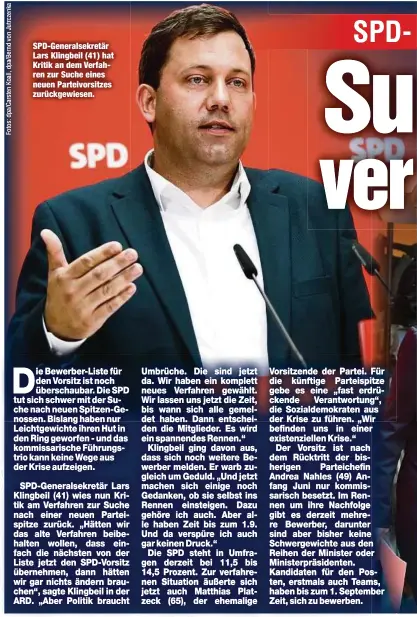  ??  ?? SPD-Generalsek­retär Lars Klingbeil (41) hat Kritik an dem Verfahren zur Suche eines neuen Parteivors­itzes zurückgewi­esen.