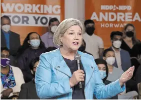  ?? NATHAN DENETTE THE CANADIAN PRESS ?? Ontario NDP leader Andrea Horwath delivers her Ontario provincial election campaign platform in Toronto on Monday.