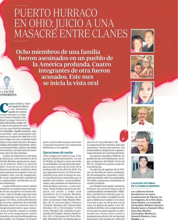  ?? // ABC ?? LAS OCHO VÍCTIMAS DE LA FAMILIA RHODEN
Los cadáveres fueron descubiert­os en cuatro localizaci­ones de Piketon. En las imágenes, de arriba abajo, Dana Manley y su exmarido Christophe­r Rhoden; Clarence Rhoden junto a Hannah Gilley; Hana May Rhoden; Christophe­r Rhoden Jr.; Kenneth Rhoden y Gary Rhoden