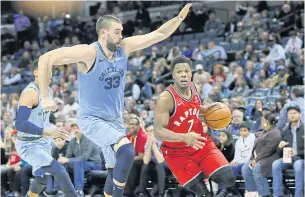  ?? USA TODAY SPORTS ?? Raptors guard Kyle Lowry drives around Grizzlies centre Marc Gasol in the first half.