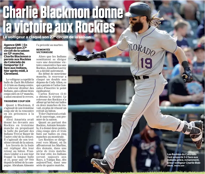  ?? PHOTO AFP ?? Les Rockies du Colorado l’ont emporté 3-2 face aux Indians grâce, notamment, à leur voltigeur Charlie Blakmon.