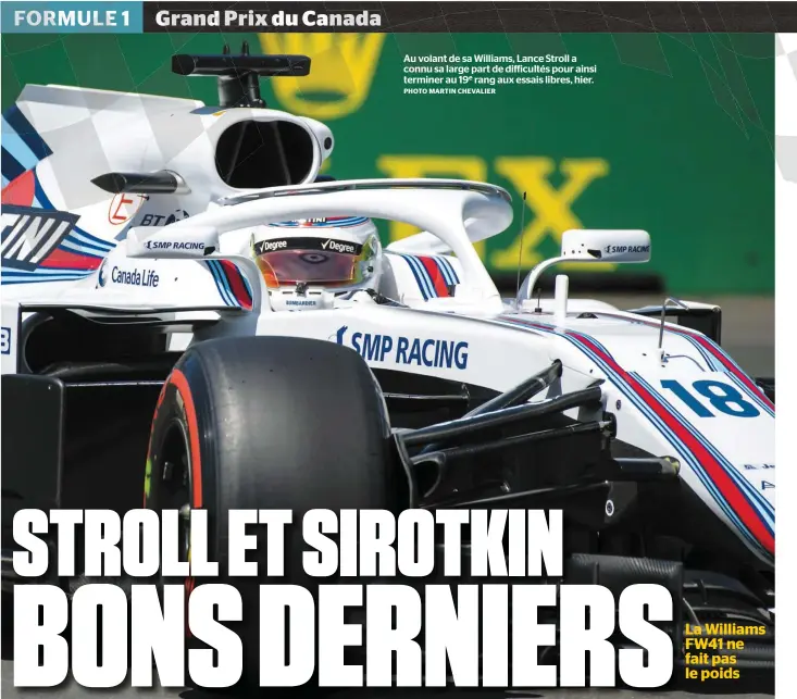  ?? PHOTO MARTIN CHEVALIER ?? SAMEDI 9 JUIN 2018* Au volant de sa Williams, Lance Stroll a connu sa large part de difficulté­s pour ainsi terminer au 19e rang aux essais libres, hier.