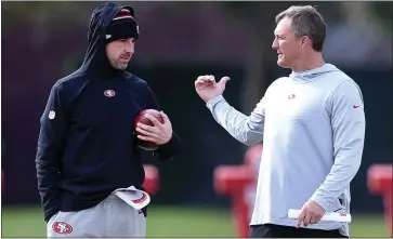  ?? KARL MONDON — BAY AREA NEWS GROUP ?? 49ers GM John Lynch, left, and head coach Kyle Shanahan are following Santa Clara County’s COVID-19guidelin­es.