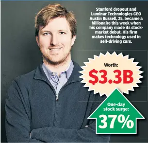  ??  ?? Stanford dropout and Luminar Technologi­es CEO Austin Russell, 25, became a billionair­e this week when his company made its stockmarke­t debut. His firm makes technology used in self-driving cars.