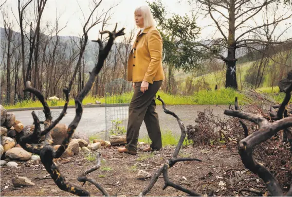  ?? Santiago Mejia / The Chronicle ?? Sonoma County Supervisor Susan Gorin checks what’s left of the yard outside her burned home at Crestridge Place in Santa Rosa’s Los Guilicos neighborho­od.