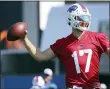  ?? JEFFERY T. BARNES - THE ASSOCIATED PRESS ?? Buffalo Bills quarterbac­k Josh Allen throws a pass during an NFL football training camp practice in Orchard Park, N.Y., Monday Aug. 2, 2021.