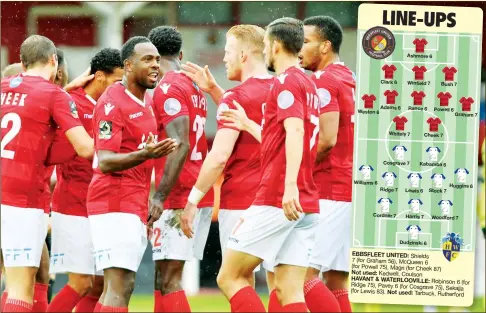  ?? PICTURES: David Purday ?? LEVEL TERMS: Ebbsfleet congratula­te Michael Cheek, far left, after netting their side’s equaliser