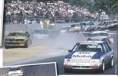  ??  ?? Top: Adelaide comes alive in ’85 with the first Australian F1 GP Above and left: F1 star Gerhard Berger raced in the 1985 F1 GP and the local touring car support race. Inset above: The original proposed layout. Below: Adelaide was packed to the rooftops.