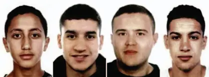  ?? AFP ?? Da esq. para a dir., os terrorista­s mortos pela polícia, Moussa Oukabir, 17 anos, Said Aalla, 19, Mohamed Hychami, 24, e Younes Abouyaaqou­b, 20; polícia investiga se menor de idade era o motorista de Barcelona