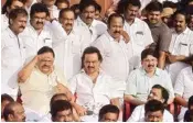  ??  ?? Opposition DMK stages a protest led by Working president M K Stalin, who was later detained, near Mahatma Gandhi statue in Radhakrish­nan Salai on a day the Assembly witnessed heavy ruckus, in Chennai