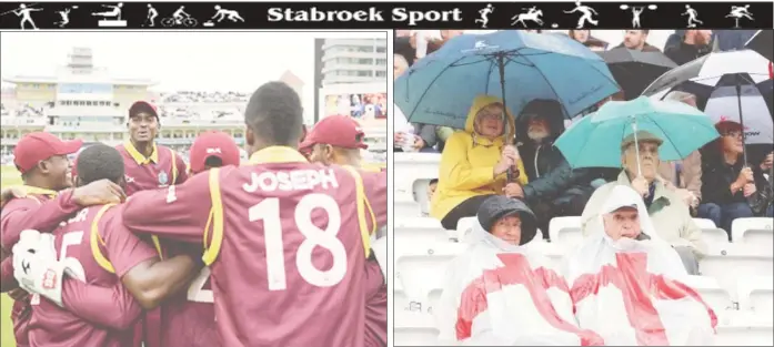  ??  ?? West Indies huddle before the start of the second ODI at Trent Bridge on Thursday. (Photo courtesy CWI Media) Second ODI at Trent Bridge, Nottingham. Fans in the stands as rain stops play (Reuters/Andrew Boyers)