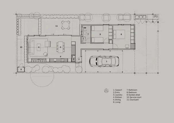  ??  ?? 7. Bathroom 8. Bedroom 9. Garden shed 10. Service court 11. Courtyard 1. Carport 2. Entry 3. Laundry 4. Kitchen 5. Dining 6. Living