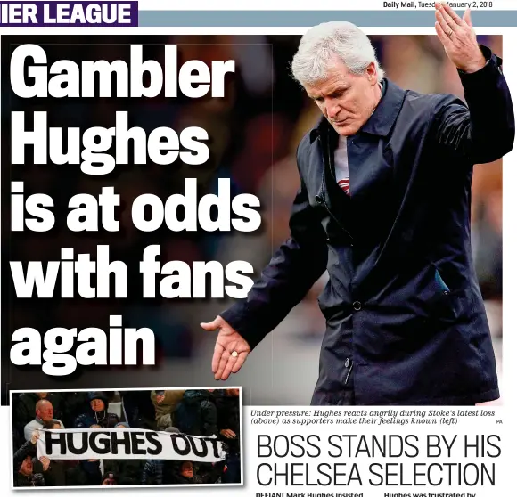  ??  ?? Under pressure: Hughes reacts angrily during Stoke’s latest loss (above) as supporters make their feelings known (left)