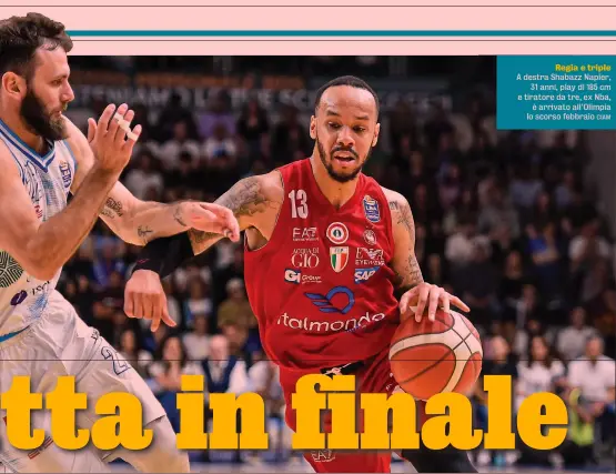  ?? CIAM ?? Regia e triple A destra Shabazz Napier, 31 anni, play di 185 cm e tiratore da tre, ex Nba, è arrivato all’Olimpia lo scorso febbraio