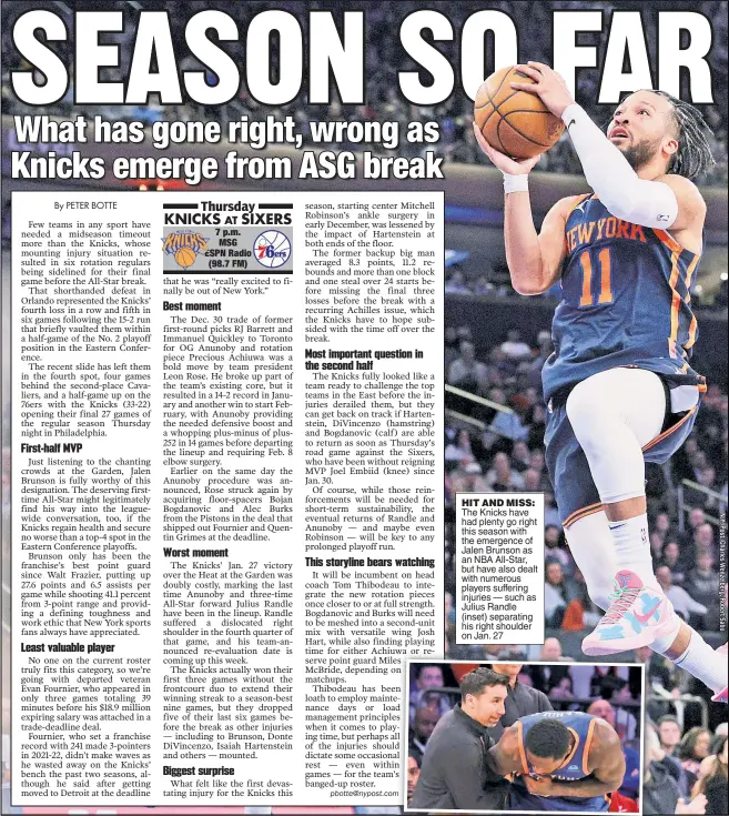  ?? ?? HIT AND MISS: The Knicks have had plenty go right this season with the emergence of Jalen Brunson as an NBA All-Star, but have also dealt with numerous players suffering injuries — such as Julius Randle (inset) separating his right shoulder on Jan. 27