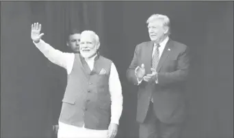  ??  ?? U.S. President Donald Trump and India’s Prime Minister Narendra Modi participat­e in the “Howdy Modi” event in Houston, Texas, U.S., September 22, 2019. REUTERS/Jonathan Ernst