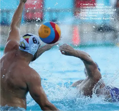  ??  ?? Canadian Nicolas Constantin Bicari (R) of Sirens Greentube finds the target against San Giljan TUM Invest. Photo: Domenic Aquilina