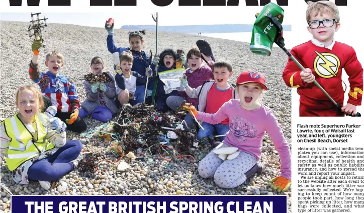  ??  ?? Flash mob: Superhero Parker Lawrie, four, of Walsall last year, and left, youngsters on Chesil Beach, Dorset