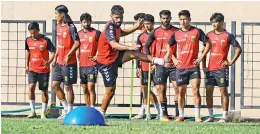  ?? ?? Hyderabad FC players during a training session on Sundayahea­d of their Hero Indian Super League match against SC East Bengal in Goa on Monday.
