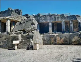  ??  ?? Clockwise from left: The depth of Adi-Kadi Vav is around 53 metres; the Khapra Kodiya Caves are believed to have been built between the third and fourth centuries; the impressive facade of Mahabat Maqbara.