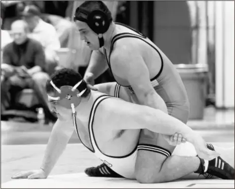  ?? Trentonian PHOTO/JACKIE SCHEAR ?? Pennsbury’s Luke Zaccarelli, top, battles Neshaminy’s Chris Wild in their 285-lb. bout Wednesday night at Pennsbury. Zaccarelli came out on top.