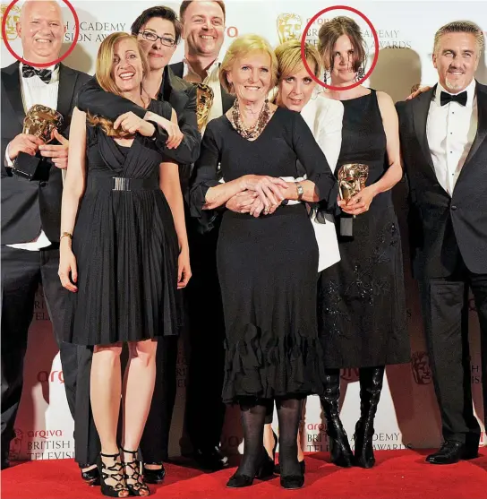  ??  ?? Recipe for success: Richard McKerrow and Anna Beattie (both circled) with the Bake Off team celebratin­g their Bafta win in 2012