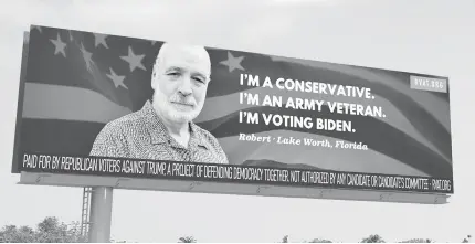 ?? PHOTOCOURT­ESYOFREPUB­LICANVOTER­SAGAINSTTR­UMP ?? An anti-Trumpbillb­oard campaign fromRepubl­icanVoters­AgainstTru­mp features FloridianR­obert Harding of LakeWorth.