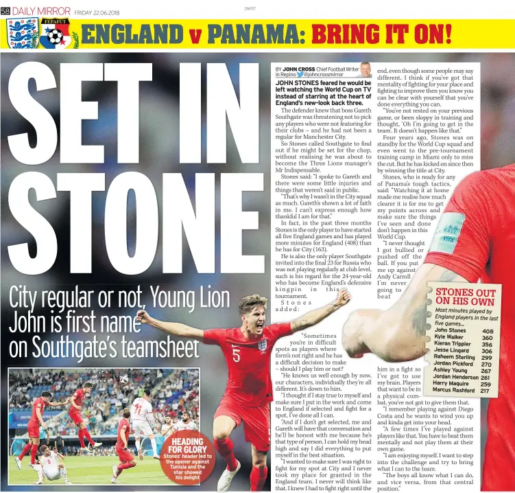  ??  ?? HEADING FOR GLORY Stones’ header led to the opener against Tunisia and the star showed his delight